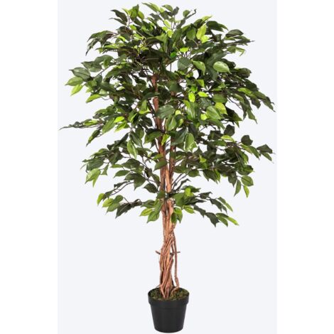 HOMESCAPES Green Ficus Tree Artificial Plant with Twisted Real Wood Stem, 4 Ft