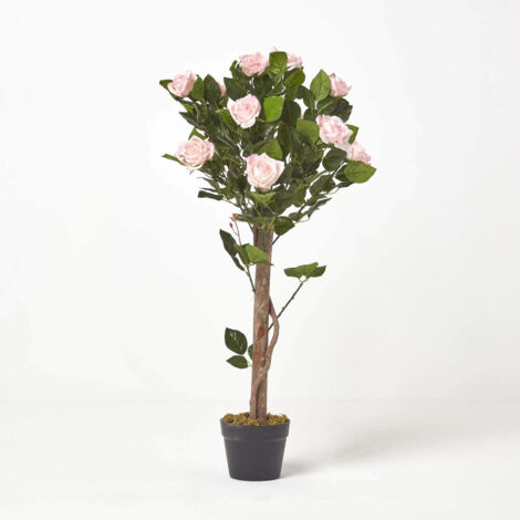 Homescapes – Pink potted rose tree artificial plant 90 cm – Lifelike green leaves – Faux moss-covered pot – UV resistant for indoor use (1/5)