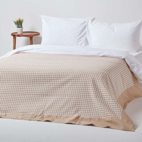 HOMESCAPES Cotton Gingham Check Beige Throw, 150 x 200 cm