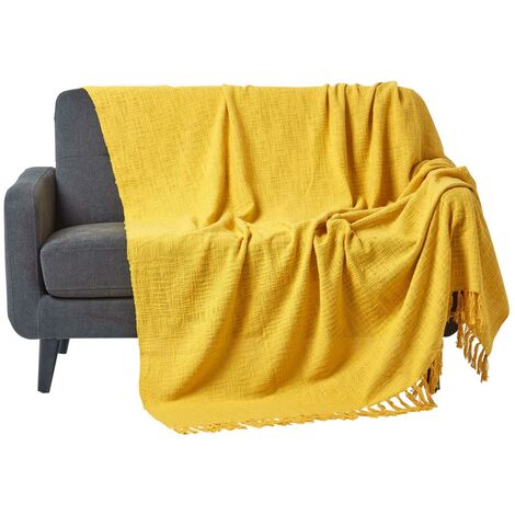 HOMESCAPES Nirvana Slub Cotton Ochre Yellow Throw, 255 x 360 cm