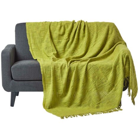 HOMESCAPES Nirvana Slub Cotton Lime Green Throw, 225 x 255 cm