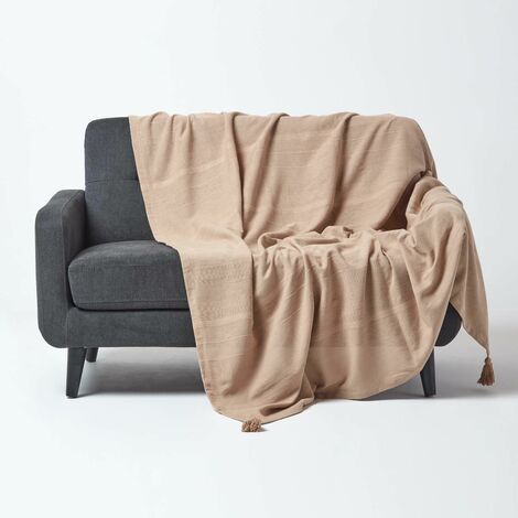 HOMESCAPES Cotton Rajput Ribbed Beige Throw, 255 x 360 cm