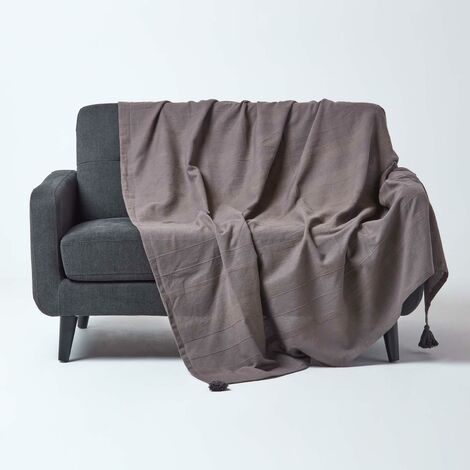 HOMESCAPES Cotton Rajput Ribbed Sea Grey Throw, 150 x 200 cm