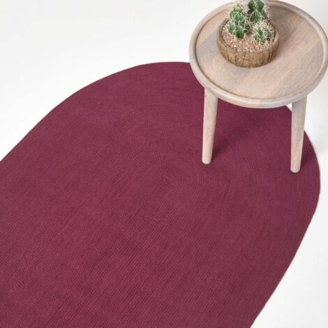 HOMESCAPES Plum Handmade Woven Braided Oval Rug, 90 x 150 cm
