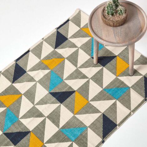 HOMESCAPES Copenhagen Blue, Yellow and Grey 100% Cotton Geometric Style Scandi Printed Rug, 120 x 170 cm