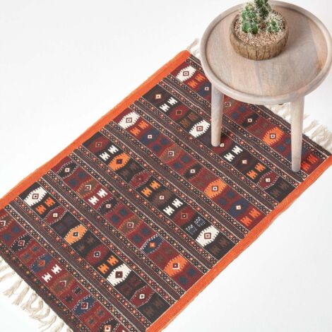 Homescapes Cotton Kilim Printed Rug Terracotta,Black And Brown Design,66 x 200 cm