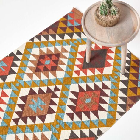 HOMESCAPES Oslo Orange, Brown and Yellow Multi Coloured 100% Cotton Diamond Pattern Rug, 90 x 150 cm
