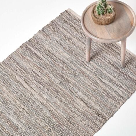 HOMESCAPES Grey Real Leather Handwoven Diamond Pattern Rug, 150 x 240 cm