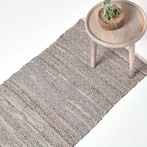 HOMESCAPES Grey Real Leather Handwoven Diamond Pattern Rug, 66 x 200 cm