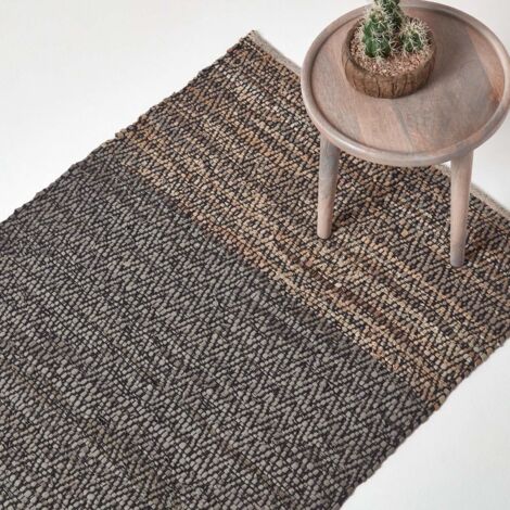 HOMESCAPES Grey Recycled Leather Handwoven Herringbone Rug, 120 x 180 cm