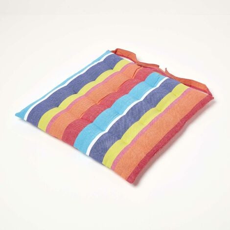 HOMESCAPES Multi Stripe Seat Pad with Button Straps 100% Cotton 40 x 40 cm - Multi Colour