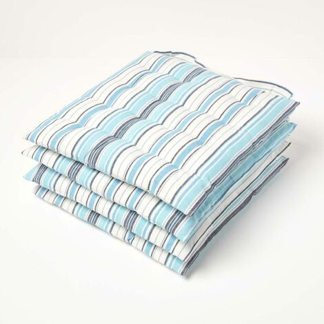 HOMESCAPES New England Stripe Seat Pad with Button Straps 100% Cotton 40 x 40 cm Set of 4 - Blue