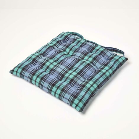 HOMESCAPES Blackwatch Tartan Seat Pad with Button Straps 100% Cotton 40 x 40 cm - Green