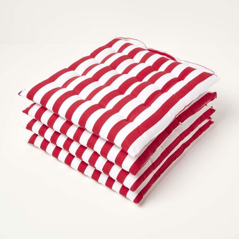 HOMESCAPES Red Stripe Seat Pad with Button Straps 100% Cotton 40 x 40 cm Set of 4 - Red