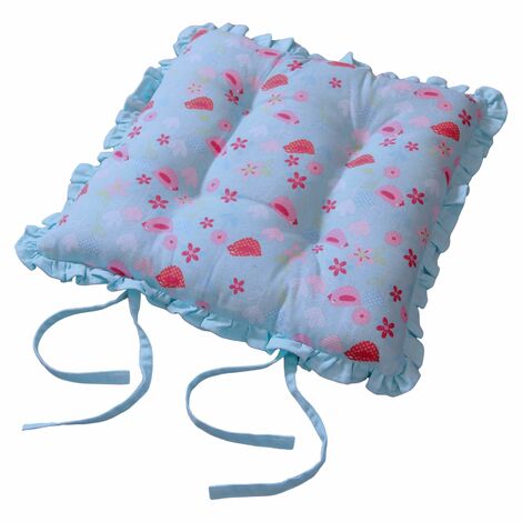 HOMESCAPES Reversible Blue Frilled Cushion Seat Pad with Ties Birds & Flowers