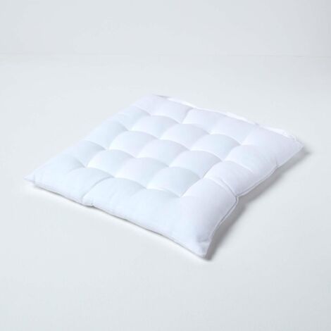 HOMESCAPES White Plain Seat Pad with Button Straps 100% Cotton 40 x 40 cm