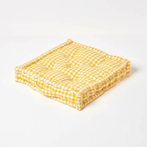 HOMESCAPES Cotton Gingham Check Yellow Floor Cushion, 50 x 50 cm
