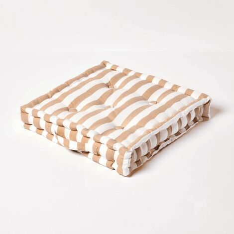 HOMESCAPES Cotton Beige Thick Stripe Floor Cushion, 50 x 50 cm