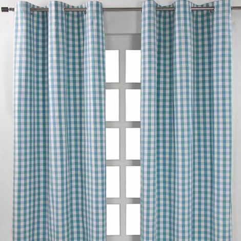 HOMESCAPES Cotton Blue Block Check Gingham Eyelet Curtains 117 x 137 cm