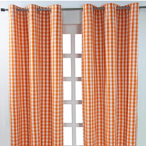 HOMESCAPES Cotton Orange Block Check Gingham Eyelet Curtains 117 x 137 cm