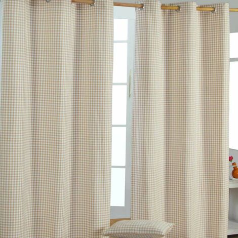 HOMESCAPES Beige Cotton Gingham Eyelet Curtains 137 x 228cm