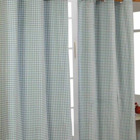 HOMESCAPES Blue Cotton Gingham Eyelet Curtains 137 x 182 cm