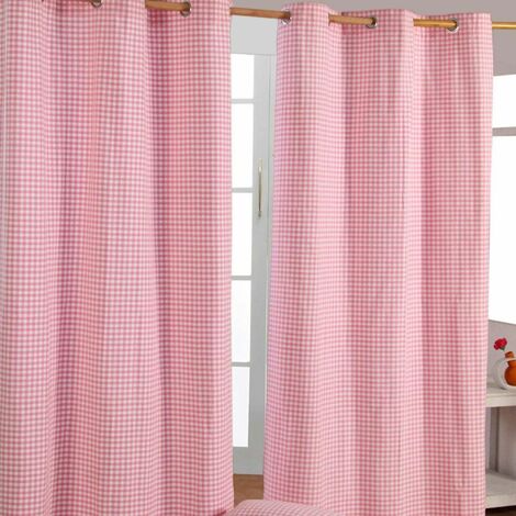 HOMESCAPES Pink Cotton Gingham Eyelet Curtains 117 x 137 cm