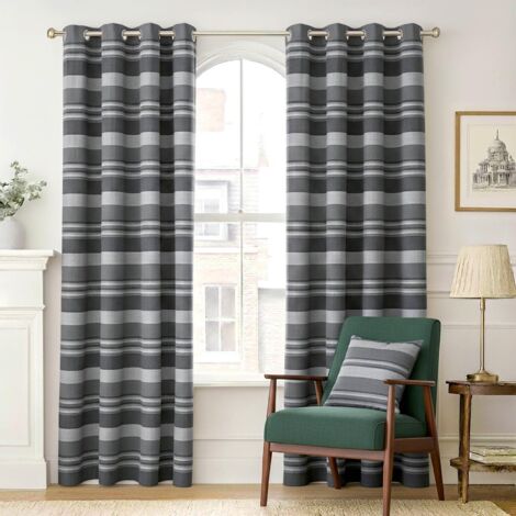 HOMESCAPES Cotton Morocco Striped Grey Curtain Pair, 66 x 72" Drop