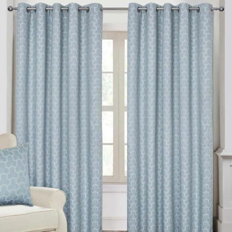 HOMESCAPES Blue Geometric Jacquard Blackout Eyelet Curtain Pair, 46 x 72"