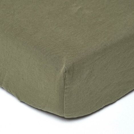 HOMESCAPES Khaki Green Linen Deep Fitted Sheet, Single - Green (1/4)