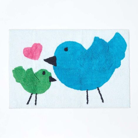 HOMESCAPES Cotton Tufted Washable Blue Green Birds Pink Heart Kids Rug (1/4)