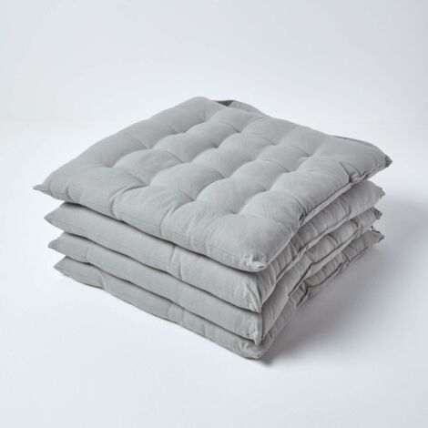 HOMESCAPES Grey Plain Seat Pad with Straps 100% Cotton 40 x 40 cm, Set of 4