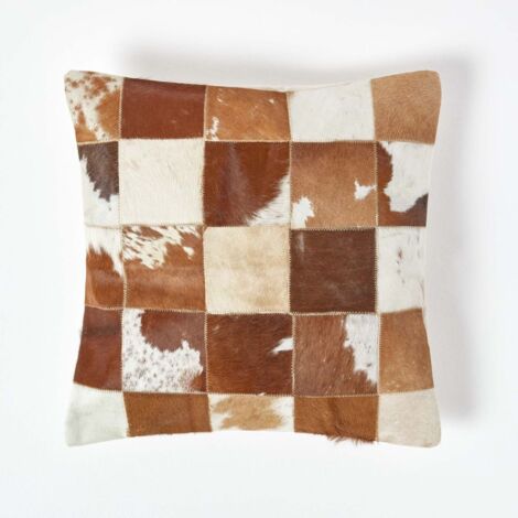 HOMESCAPES Beige and Cream Real Leather & Goat Hair Small Check Cushion with Feather Filling (1/5)