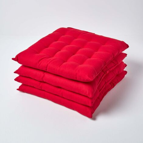 HOMESCAPES Red Plain Seat Pad with Button Straps 100% Cotton 40 x 40 cm, Set of 4