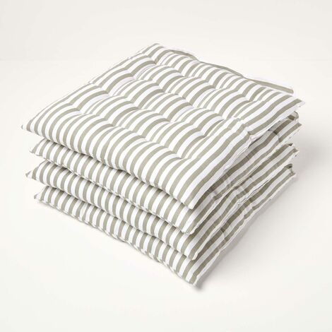 HOMESCAPES Grey Stripe Seat Pad with Button Straps 100% Cotton 40 x 40 cm Set of 4