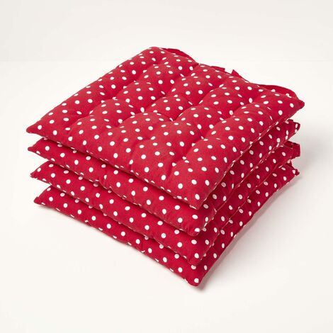HOMESCAPES Red Polka Dot Seat Pad with Button Straps 100% Cotton 40 x 40 cm Set of 4
