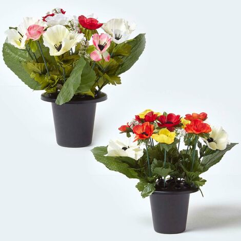 HOMESCAPES Set of 2 Pink, Orange & Red Anemone Artificial Flowers in Grave Vases (1/4)
