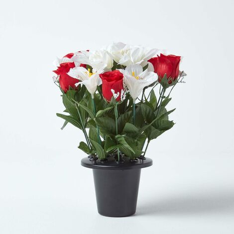 HOMESCAPES Set of 2 Red & White Roses & Lilies Artificial Flowers in Grave Vases