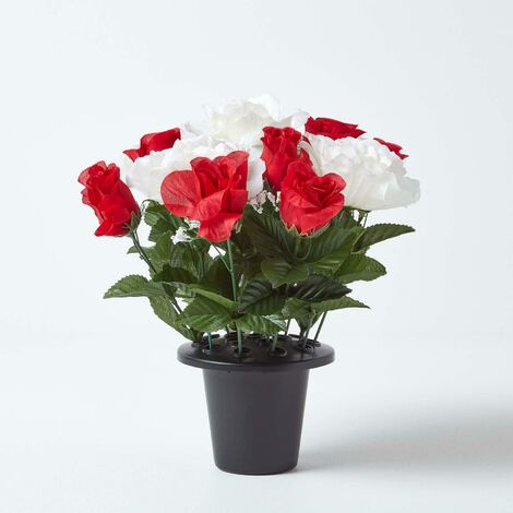 HOMESCAPES Set of 2 Red & White Roses & Lilies Artificial Flowers in Grave Vases