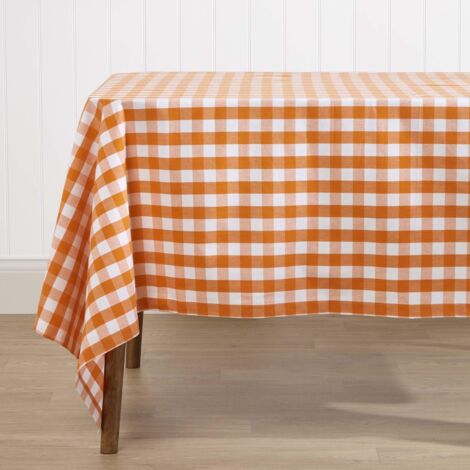 HOMESCAPES Orange Block Check Cotton Gingham Tablecloth 140 x 230 cm
