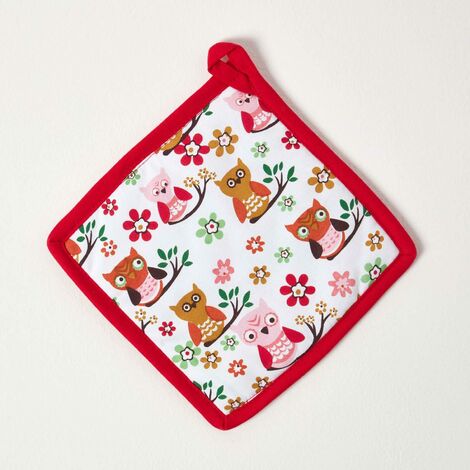 HOMESCAPES Red Owls Cotton Pot Holder