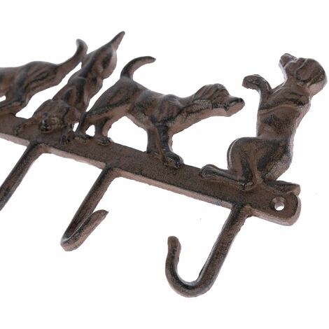 HOMESCAPES Brown Cast Iron Wall Mounted Hooks with Decorative Dogs