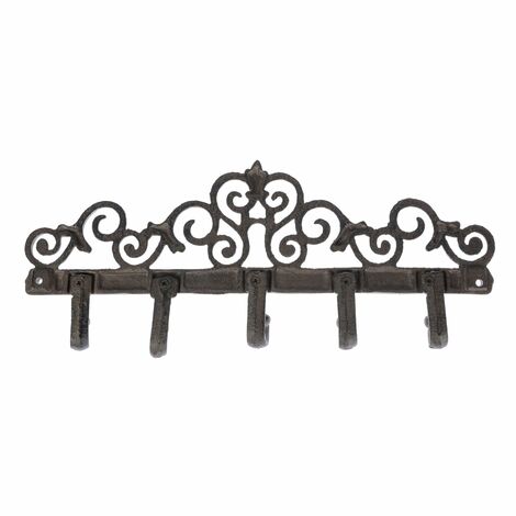 HOMESCAPES Brown Cast Iron Coat Hooks with Decorative Swirl Design