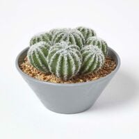 HOMESCAPES Artificial Barrel Cactus Arrangement in Round Grey Pot, 17 cm Tall - Green
