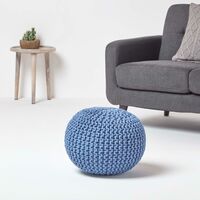 HOMESCAPES Blue Round Cotton Knitted Pouffe Footstool - Blue