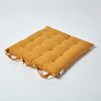 HOMESCAPES Mustard Yellow Plain Seat Pad with Button Straps 100% Cotton 40 x 40 cm