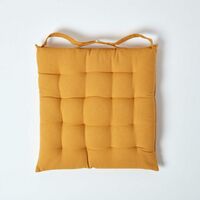 HOMESCAPES Mustard Yellow Plain Seat Pad with Button Straps 100% Cotton 40 x 40 cm