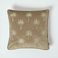 HOMESCAPES Gold Palm Tree Taupe Velvet Cushion - Natural