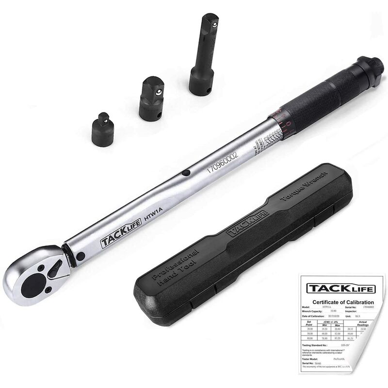 TACKLIFE Llave Dinamométrica 3/8 "(19-110 Nm), Llave de Torque Calibrada de Clic de Impulsión con Certificación, Barra de Extensión, Adaptador, Reductor en Caja HTW1B