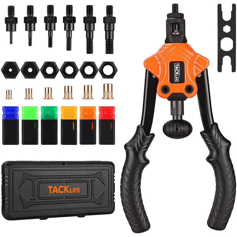 TACKLIFE Pistola Remachadora, Remachadora con M3, M4, M5, M6, M8, M10 , Remachadora de Tuerca 60 PCS , Pistola de Remache Apta para Acero de 2-3 mm de Espesor, Llave Incorporada, 6 Mandriles-HHNP2B